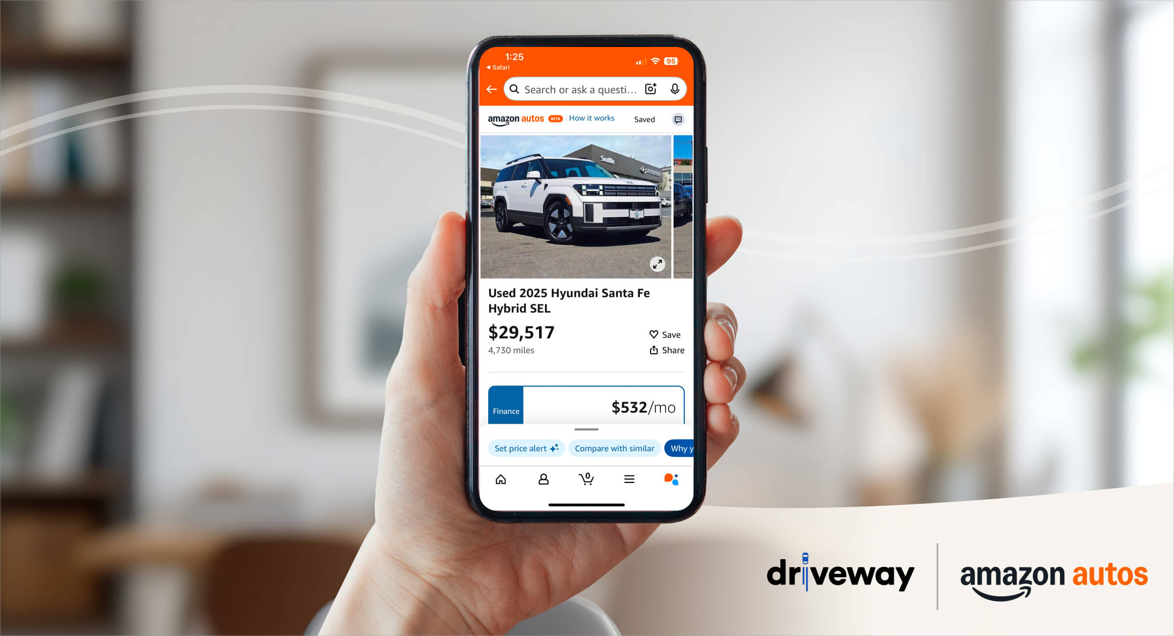 A hand holds a mobile phone showing a vehicle listing on the Amazon Autos website.