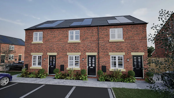Row of three newly-built houses, with parking spaces in front