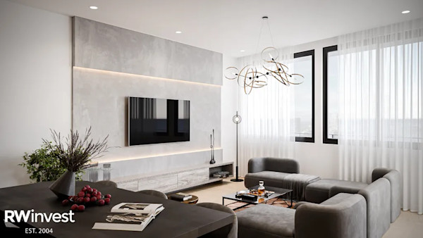 The interior of a modern new-build flat in Manchester with cutting-edge interiors and black and white colour scheme