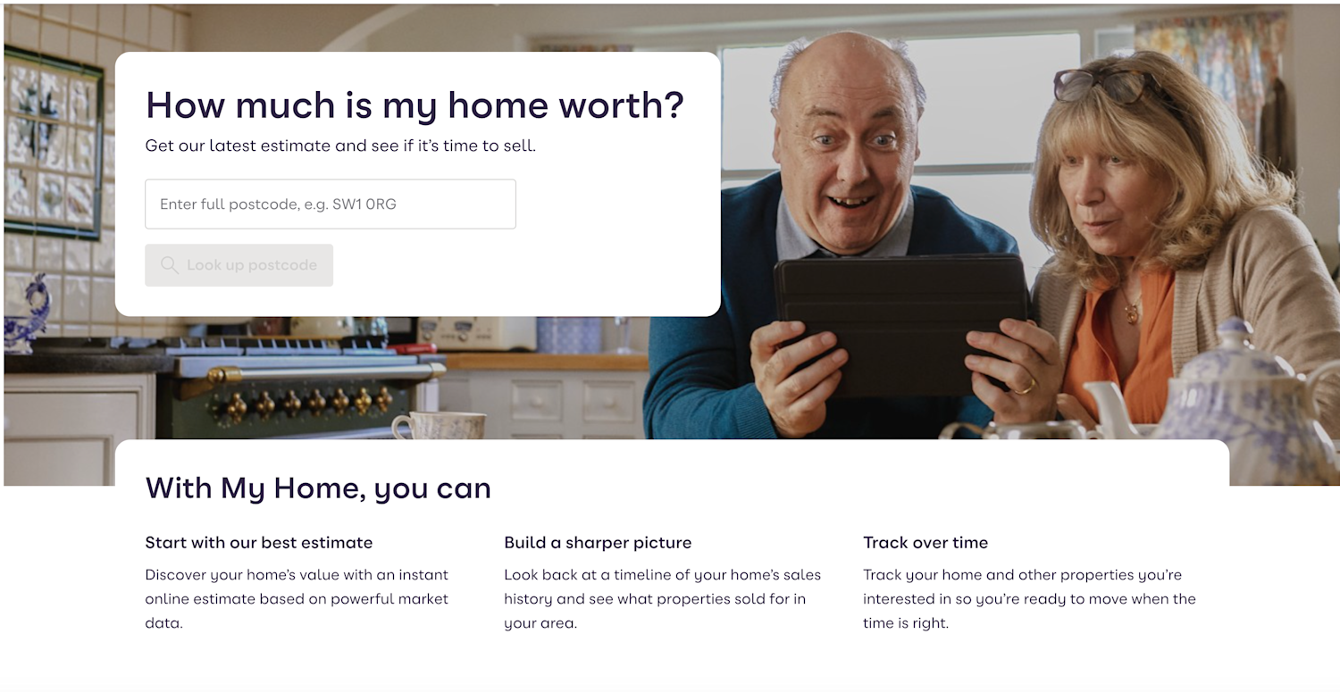 Image of page on Zoopla where people can enter their postcode and check the market value of their homes