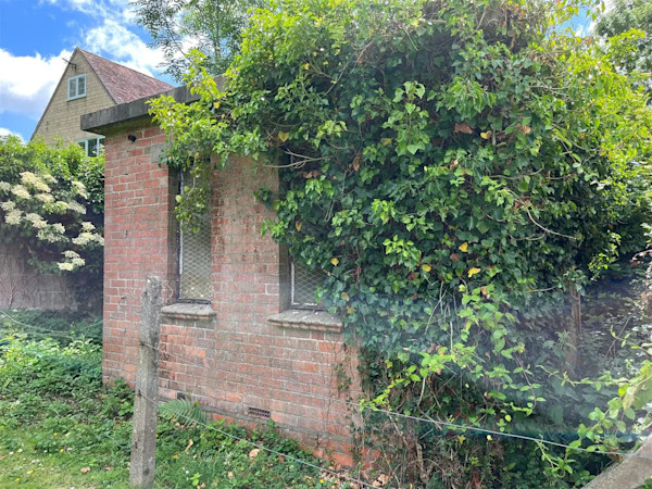 Derelict building partly covered by greenery
