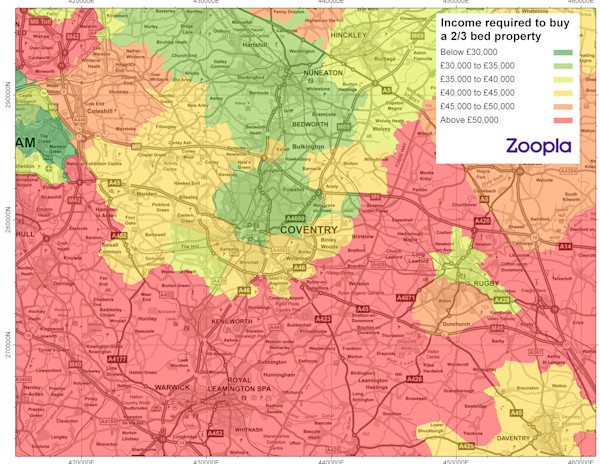 Map showing first-time buyer affordability in Coventry