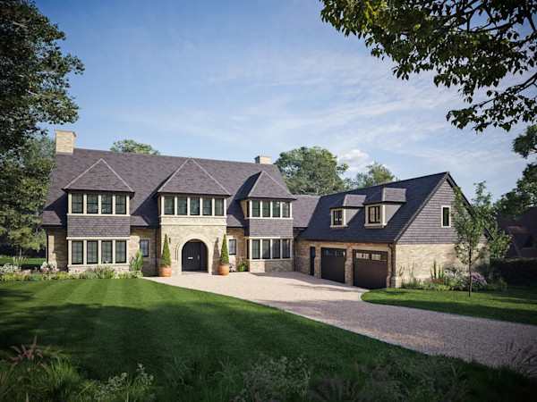 Exterior of a grand new-build home in Oxford with a huge driveway approach through an expansive lawned garden
