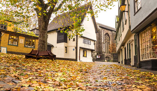 Elm Hill in Norwich in the autumn