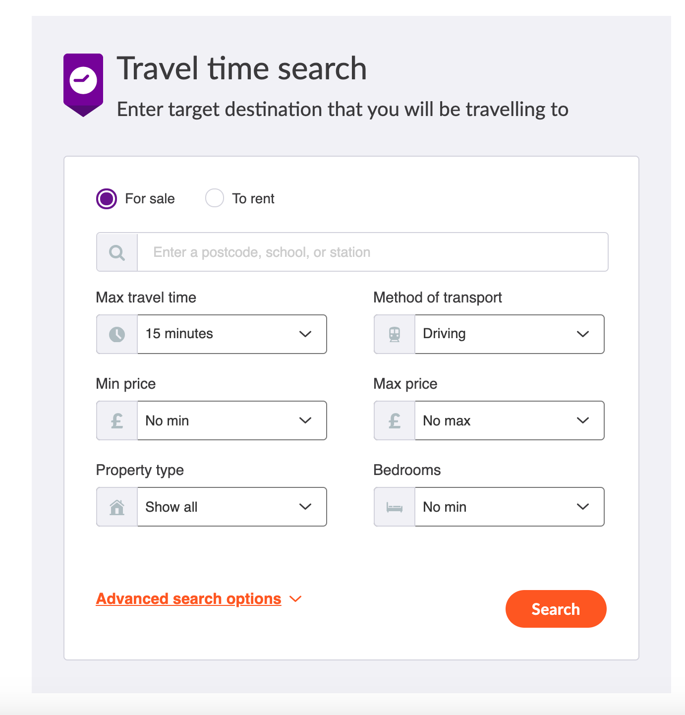 Image of Travel Time Search Tool on Zoopla which lets users narrow down their home search by the time it takes them to travel somewhere