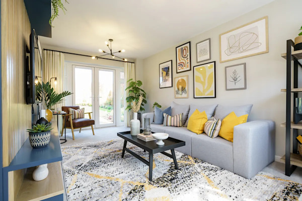 The modern lounge of a new-build home sold with Deposit Unlock