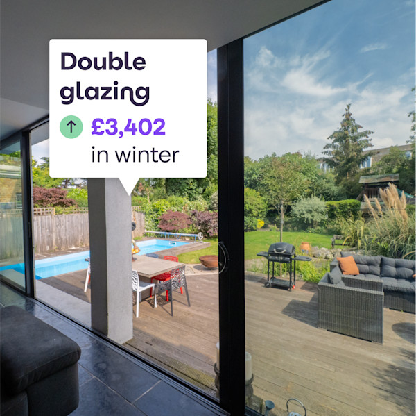 A photo of double glazed bifold doors with the words: double glazing can add £3,402 to a home's value in winter