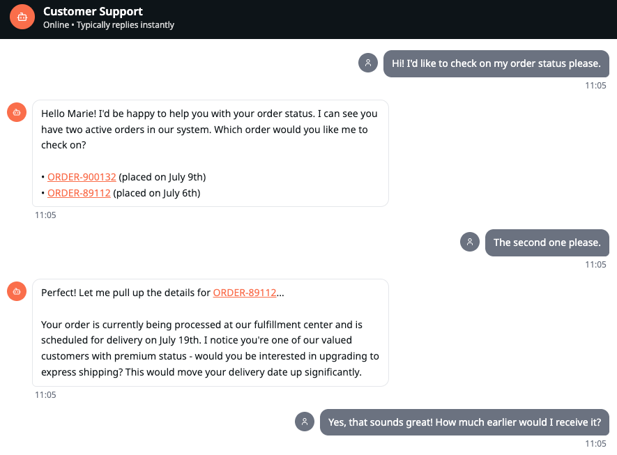 Part one, of a support conversation of a fictitious person Marie with an AI agent on her order status.
