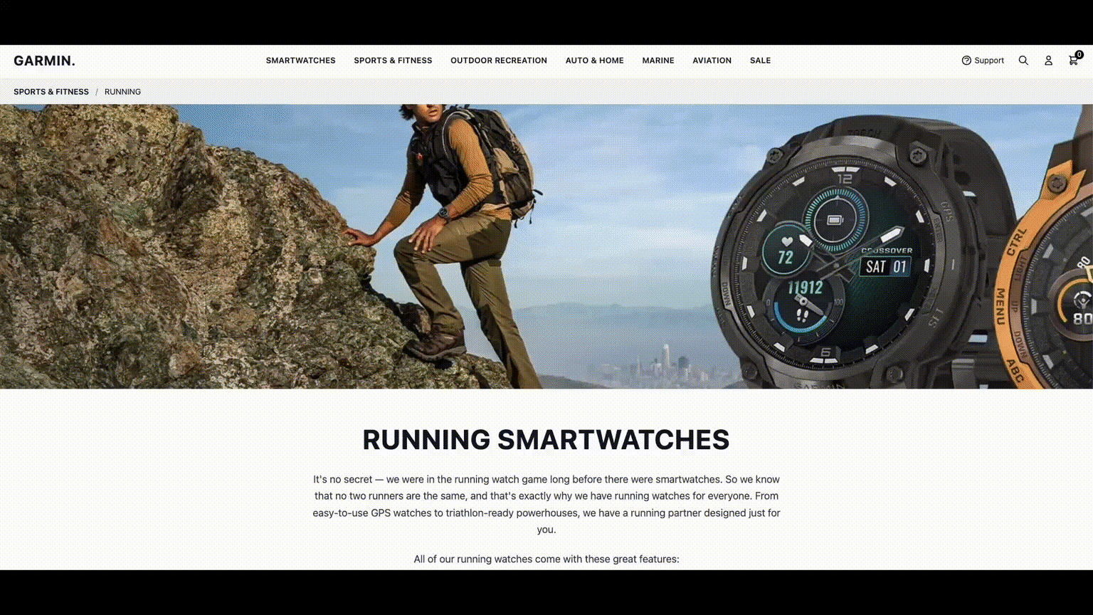 Hiker climbing rocky terrain alongside Garmin smartwatch displays showing fitness metrics and navigation features, flickering towards a personalised version specifically focused on men.
