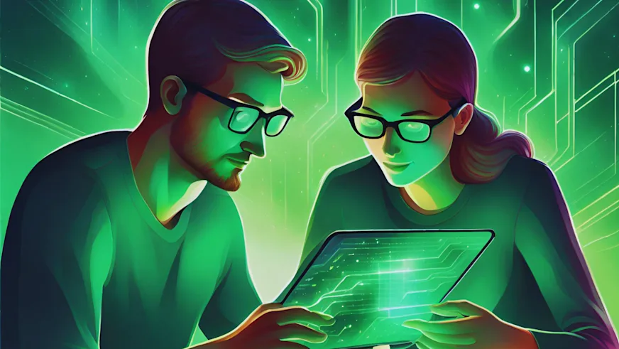 AI generated image of a man and woman looking at a tablet screen to match items together