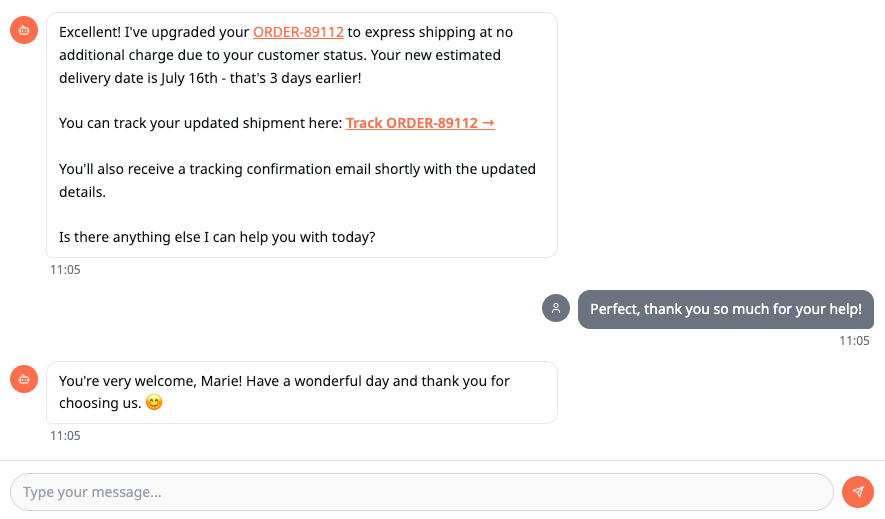 Part two, of a support conversation of a fictitious person Marie with an AI agent on her order status.