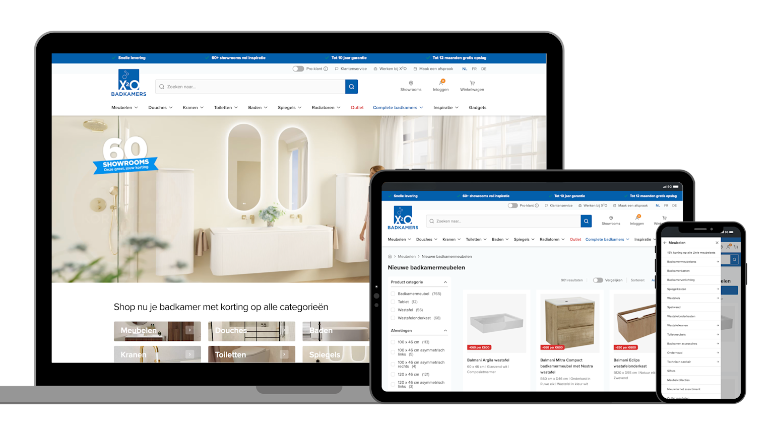 This is a visual of the X2O Badkamers homepage, navigation and product detail page.