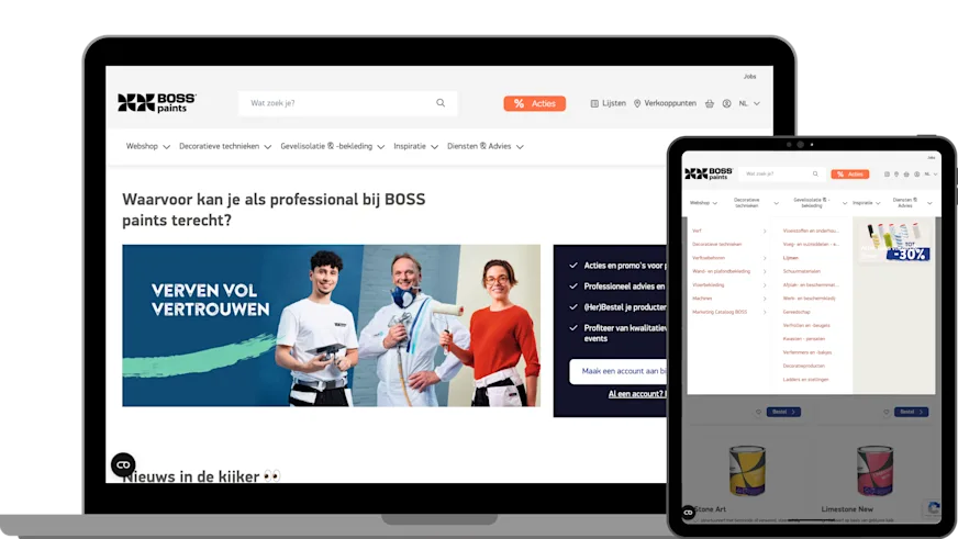 Mockup of a laptop showing the new grid design of the BOSS Paints advice overview page and a tablet