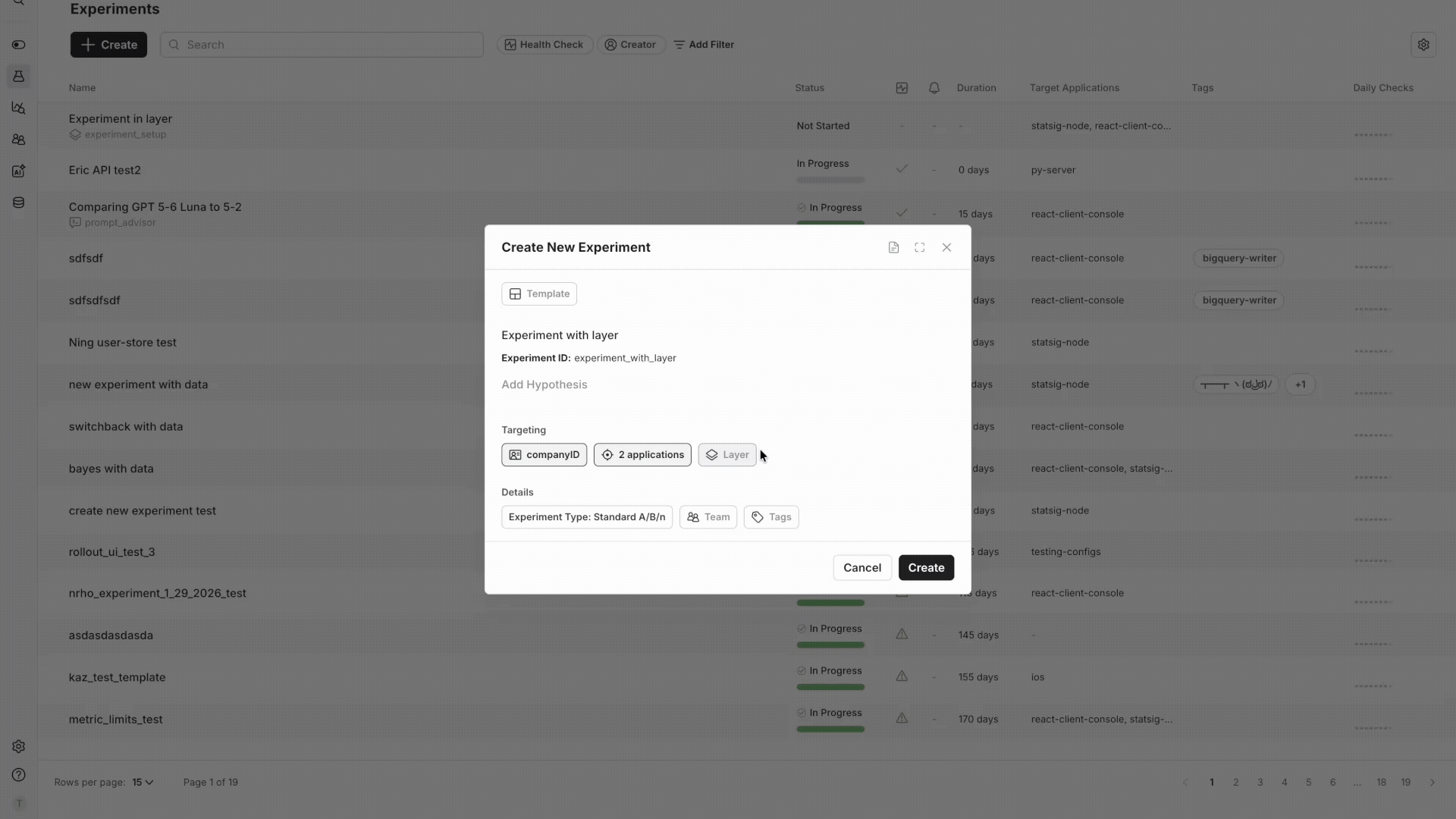 Create experiment modal with layer