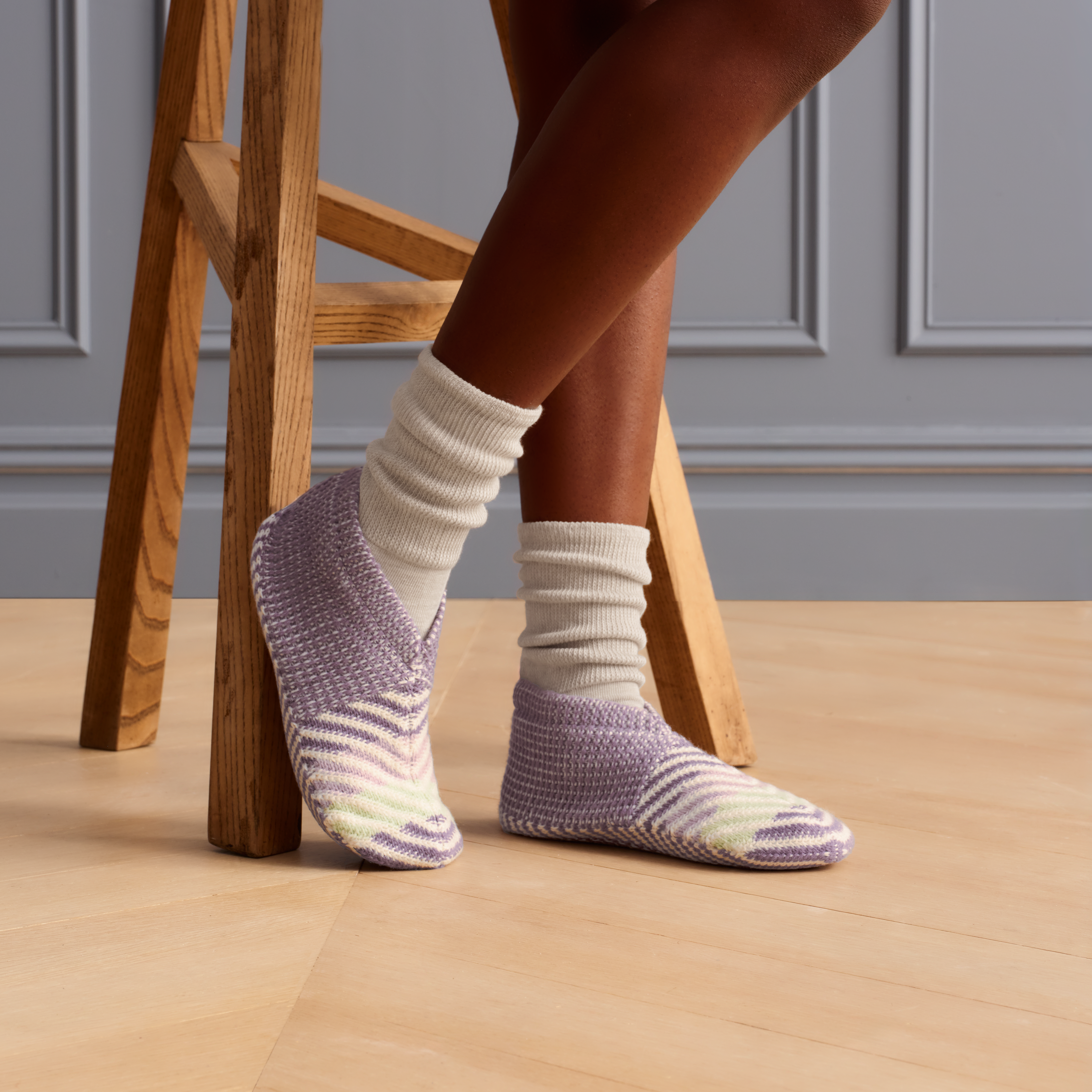 BOMBAS Grey Cable Knit Gripper Slippers‎ Socks Merino Wool Blend Men Women XL 8803-antiquepurple-adult-  main image 4
