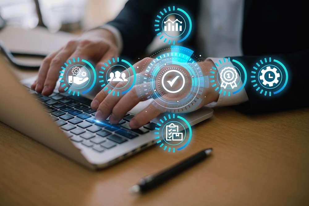 Person using keyboard with Icons representing cybersecurity. ETSI EN 303 645 defines 13 baseline provisions for consumer IoT
