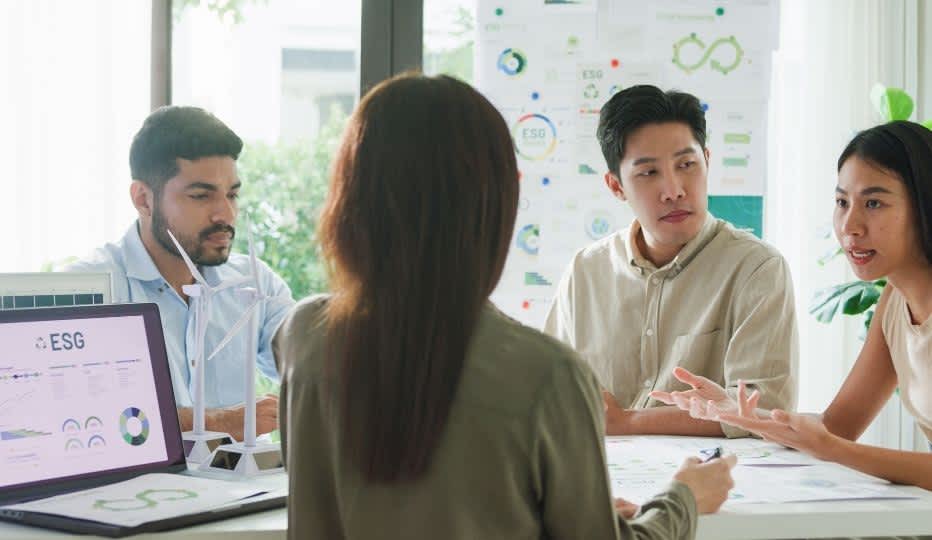 Business Team Discussing ESG Strategy in Office