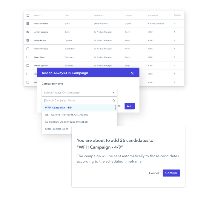 Cascading view of email campaign options within Phenom recruiter experience to engage and nurture candidates into applicants