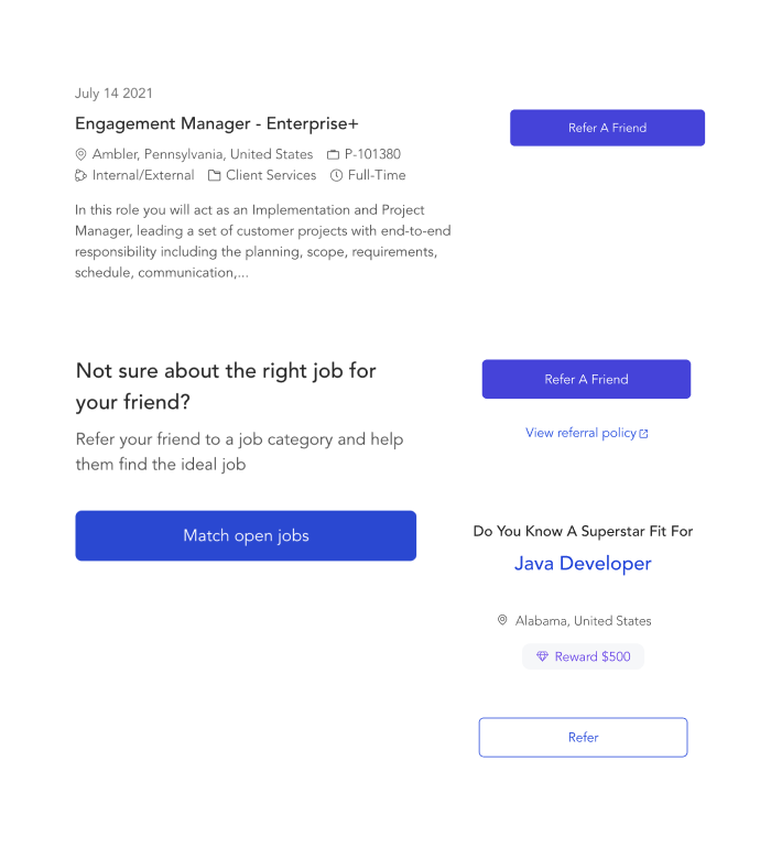 Phenom Referrals view showing employees sharing open job opportunities to their networks via career site links and social media.