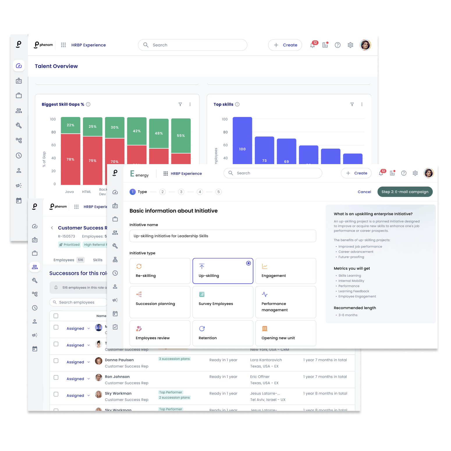 Phenom Workforce Intelligence HR view showing skills gap identification, development planning, and succession designation.