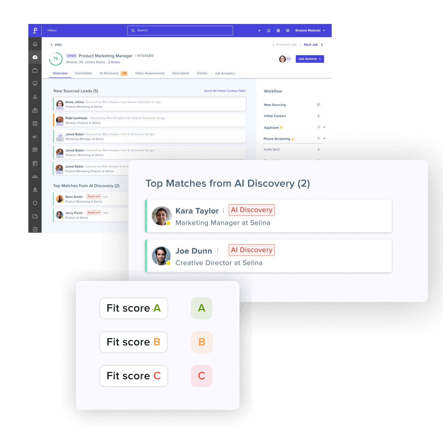 Phenom hiring manager view showing AI Discovery candidate matches and fit score grading for an open role.