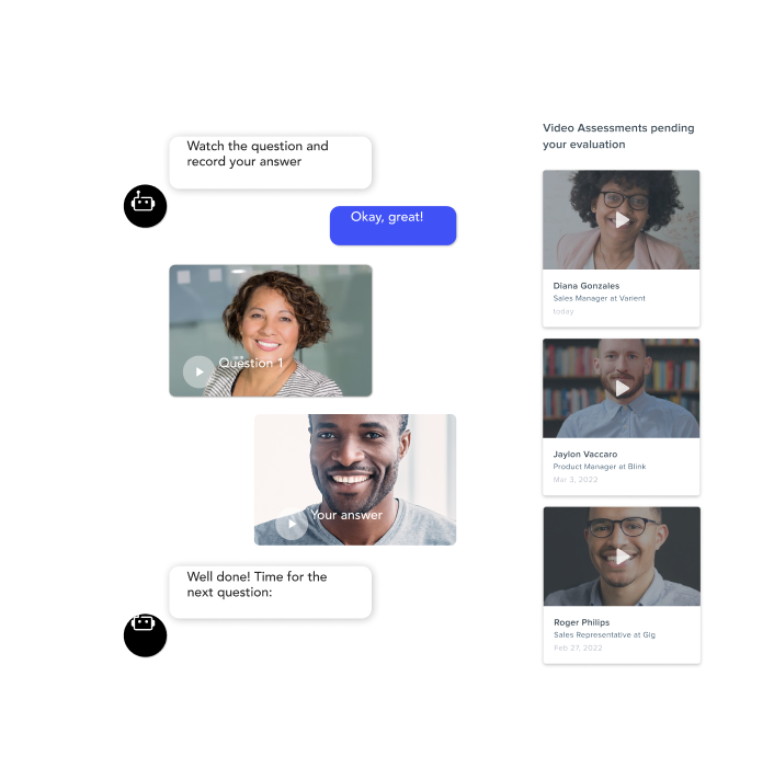 Screengrab of video assessment features available within Phenom's recruiter experience platform on a transparent background