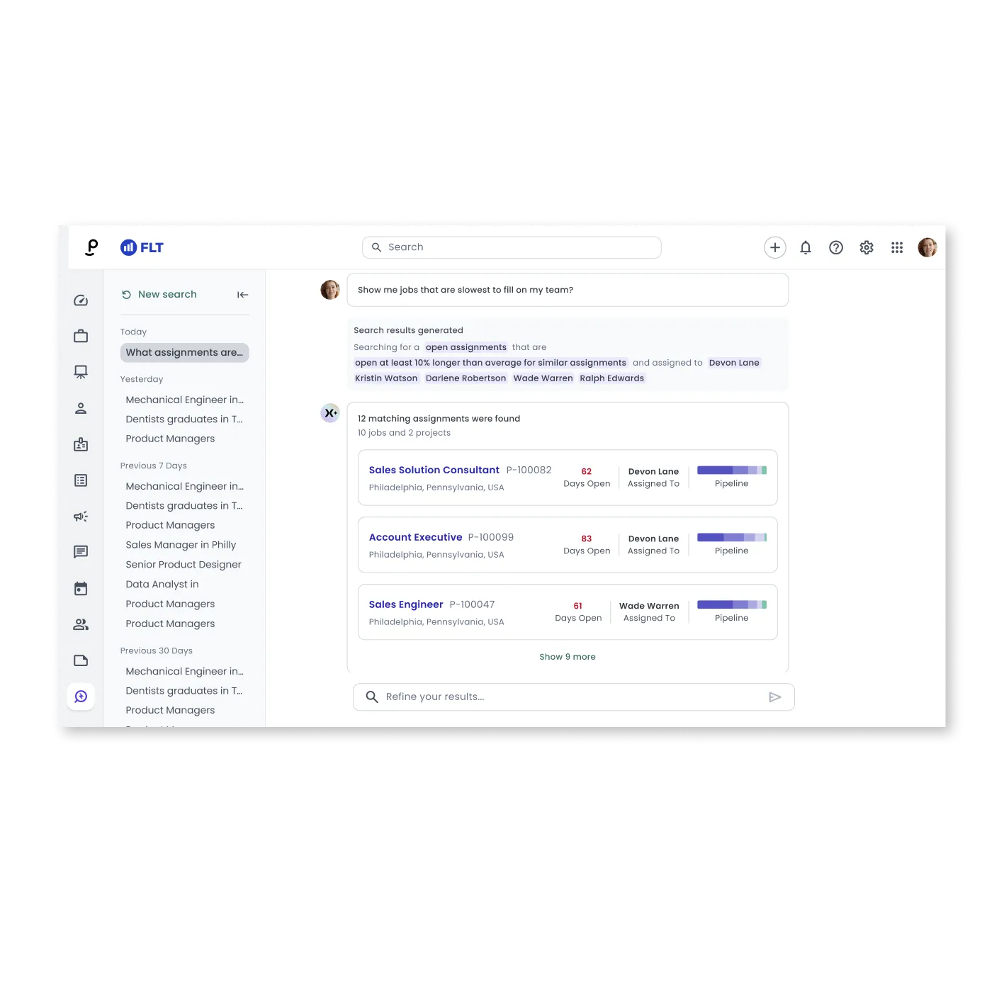 Phenom Recommendations interface showing AI-suggested initiatives for talent leaders to improve hiring outcomes across frontline, professional, and leadership roles.