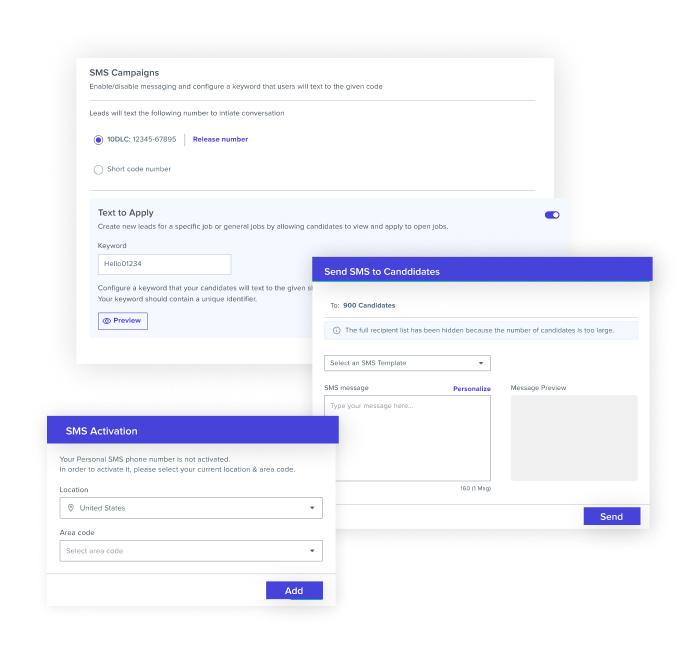 Examples of SMS text messaging and keyword campaigns within Phenom recruiter experience to reach candidates in real-time