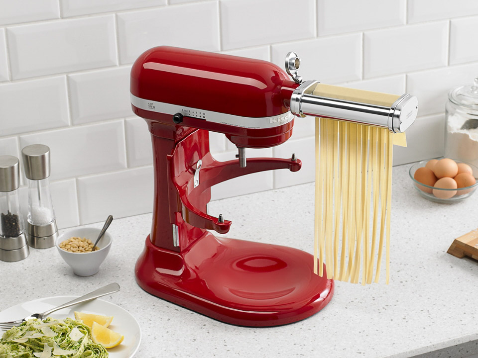 Mixer-attachments-pasta-roller-and-cutter-cutting-pasta