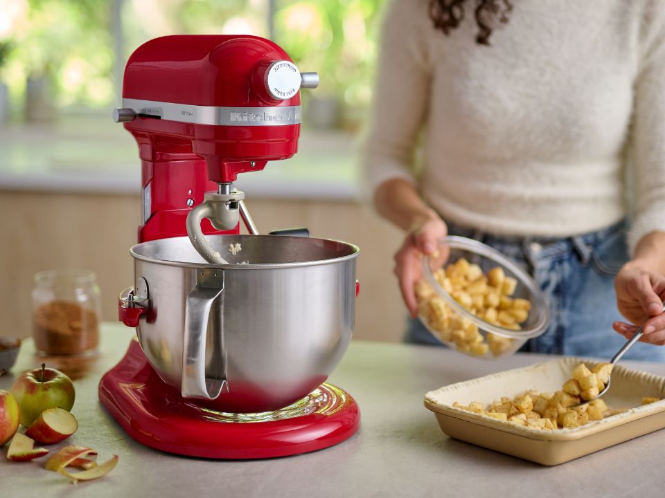 Stand-mixer-mixer-bowl-lift-5.6L-5KSM60PSX-empire-red-with-dough-hook-on-countertop