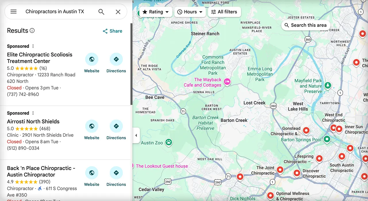 Google Maps search results for chiropractors in Austin, TX