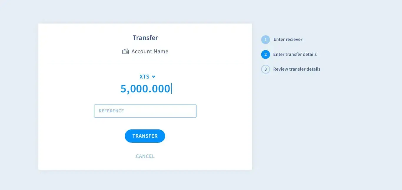 A UI example of a transfer's second step, where a form should be filled out by showing the correct format for numeric and text fields