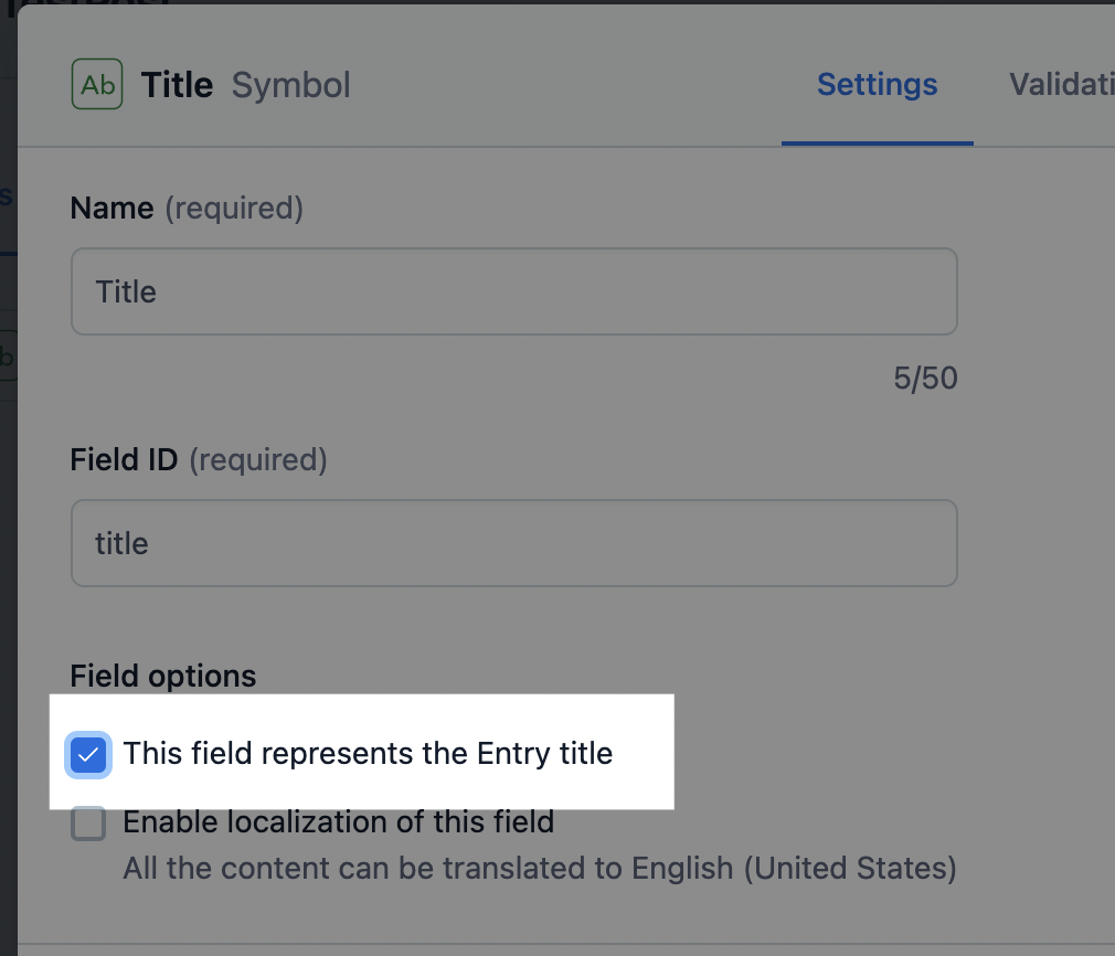 The user interface for creating a short text field in Contentful. A checkbox labeled "This field represents the entry title" is highlighted.