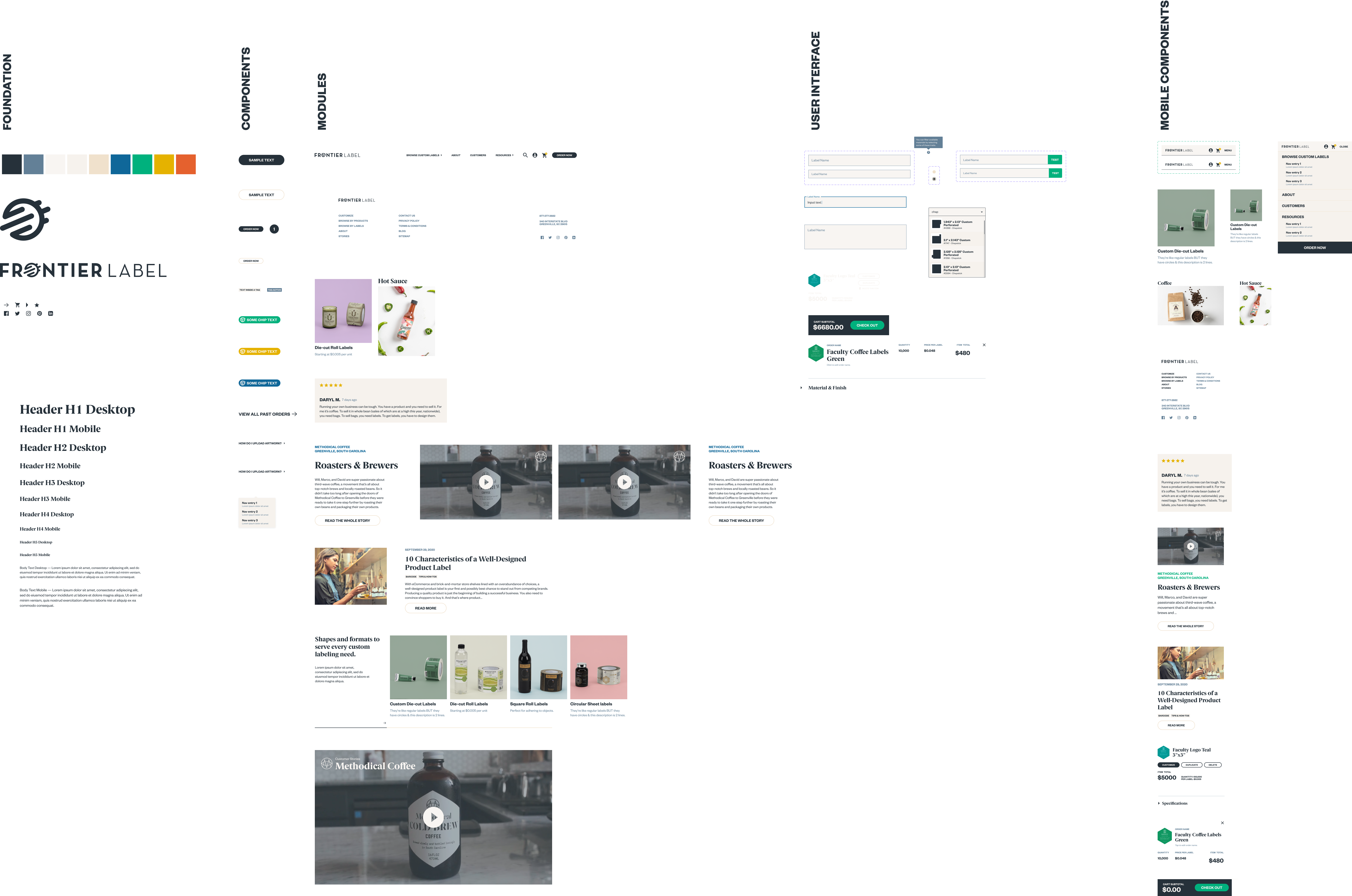 A high-level screenshot of the design system and component library I created for Frontier Label's digital needs.