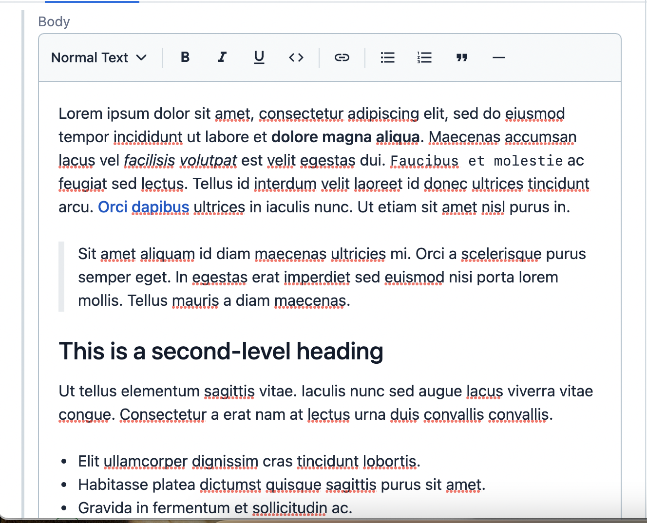 A rich text, WYSIWYG editor with many types of content formatting on some lorem ipsum placeholder text.