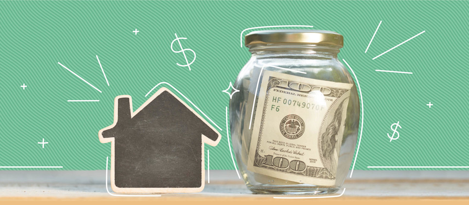 Jar with one hundred dollar next to a drawing of a house. 