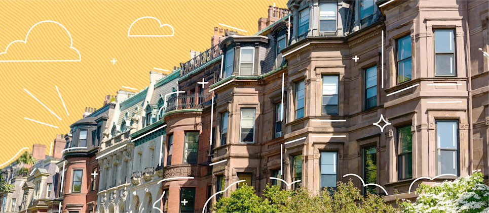 A row of brownstone buildings. 