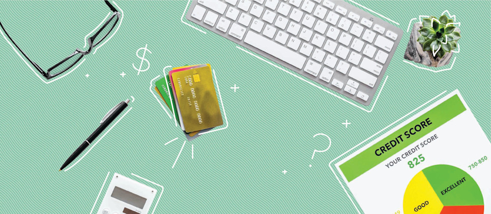 assorted office elements (glasses, pen, keyboard, credit cards) on desk on green background