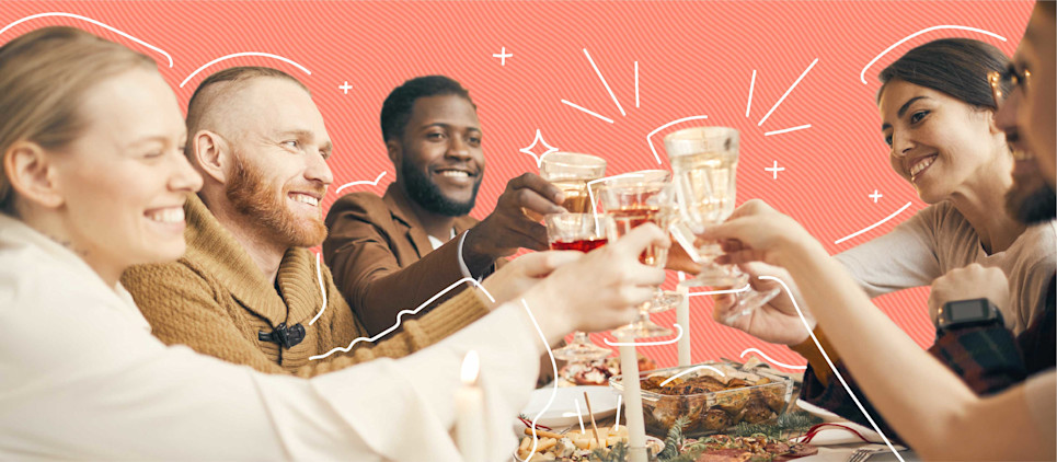 many friend raising a glass at a dinner party