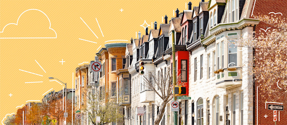 View of a Baltimore street lined with houses.