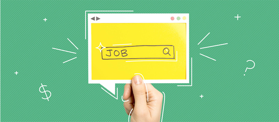 A hand holds up a diagram of a search browser with "job" in the search bar.