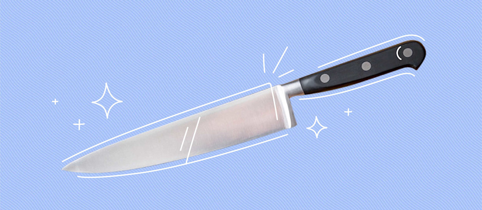 large kitchen knife on blue background