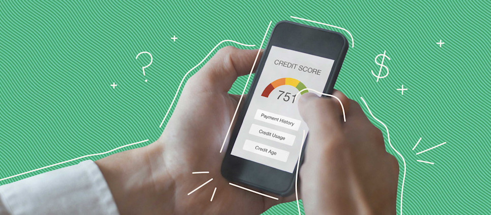 hands holding an iPhone showing credit score on a green background.