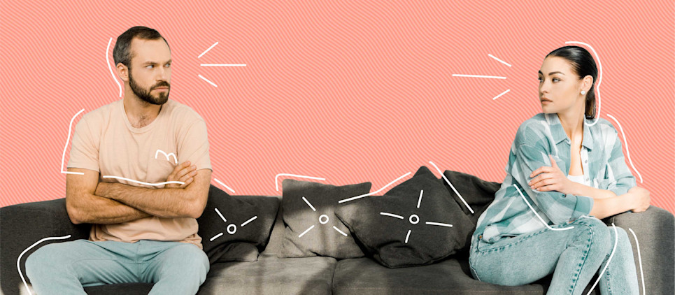 male and female roommate on couch in a potential argument