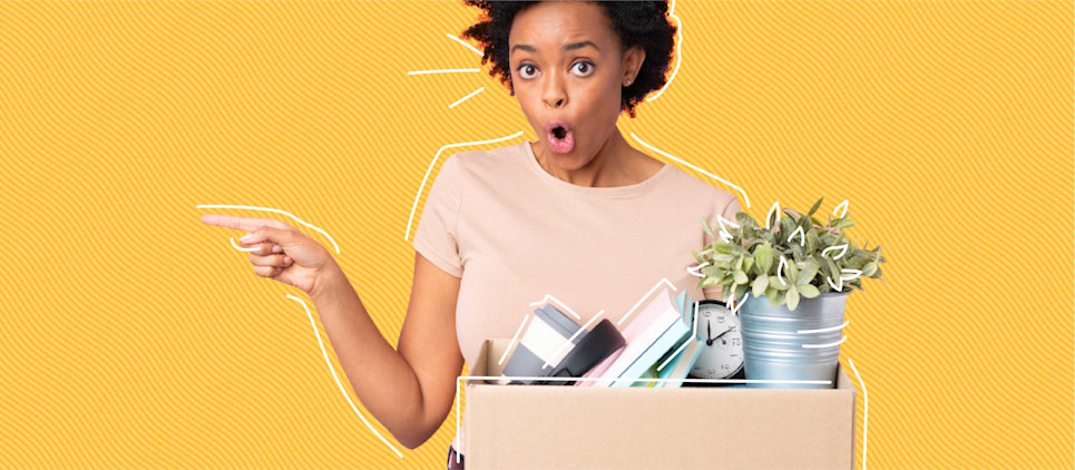 girl with a cardboard box of her things on a yellow background