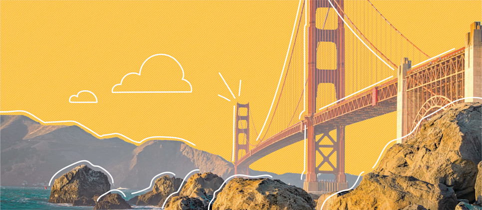 red golden gate bridge on a yellow background