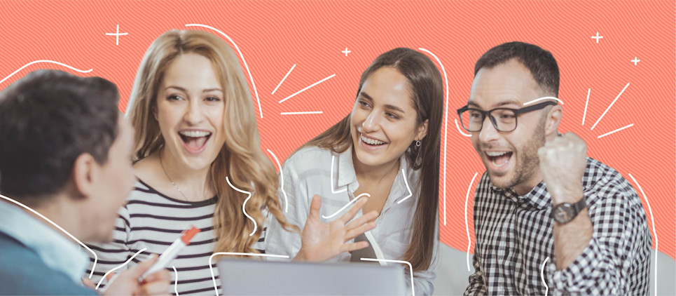 Group of enthusiastic young adults sit around a laptop.