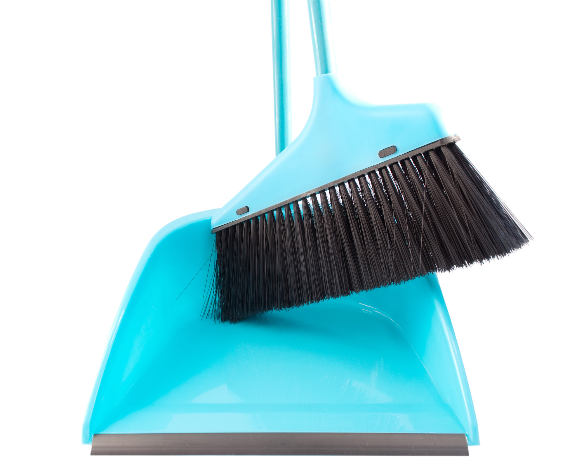 Turquoise broom and dustpan.