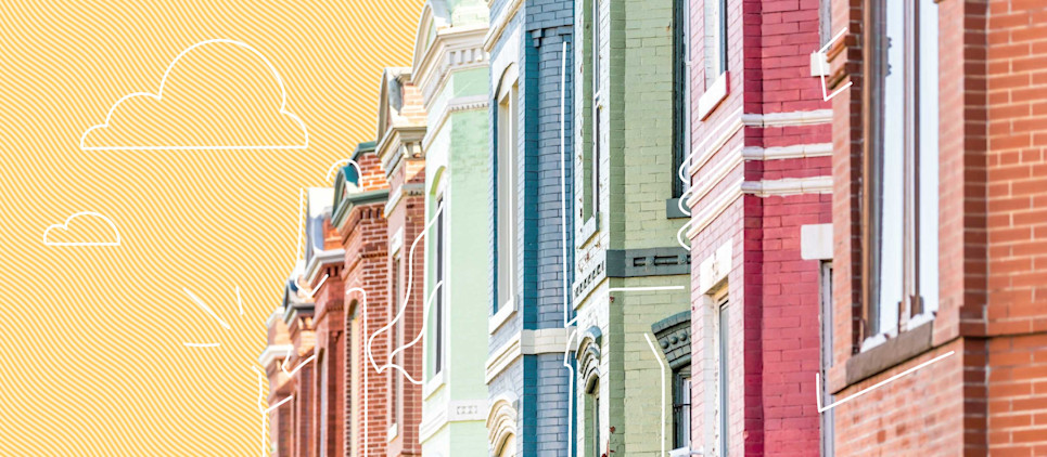 colorful brownstone buildings on yellow background with cloud outlines.