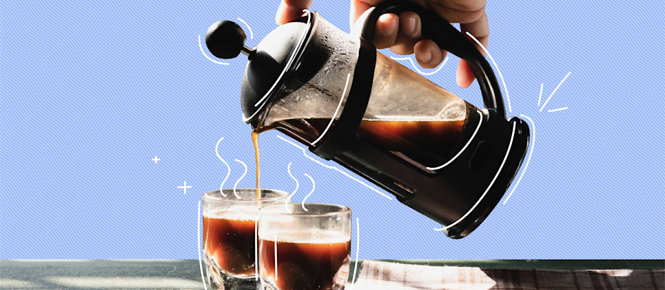 french press pouring coffee into two glasses